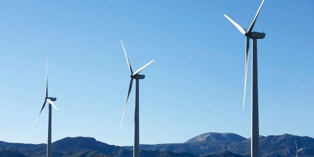 MILFORD, UT - MAY 11: Large wind turbines operate at a wind farm on May 11, 2016 outside Milford, Utah . The wind farm was built by First Wind and has a total of 165 wind turbines producing 306MW of power for Los Angeles, California. (Photo by George Frey/Getty Images)