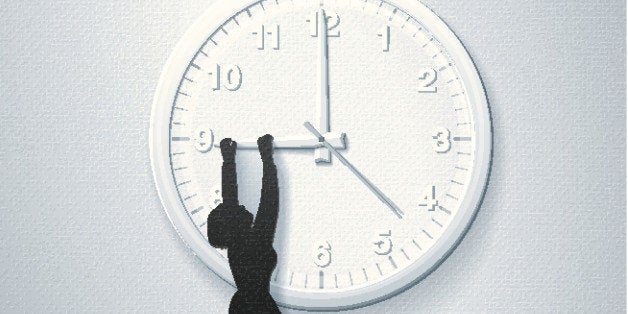 Beat the Clock!A stylized vector illustration of a business woman hanging off the hand of a clock. In the style of a white pa