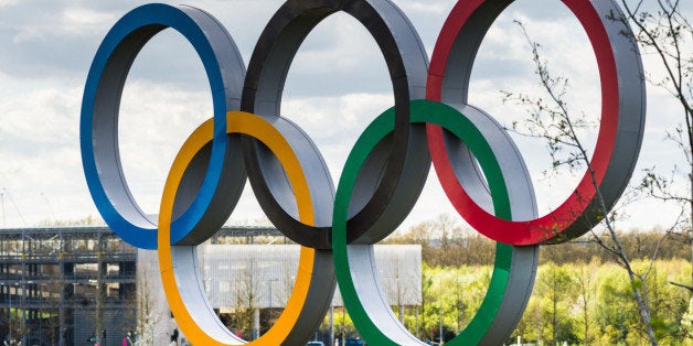 The Olympic Rings inside the Queen Elizabeth Olympic Park in East London, the site of the 2012 Summer Olympics and Paralympics. The Olympic interlocking rings are symbols used by the International Olympic Committee to promote the Olympic Games.