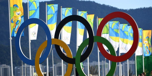 RIO DE JANEIRO, BRAZIL - AUGUST 11: A general view of the Olympic rings during the first round of men's golf on Day 6 of the Rio 2016 Olympics at the Olympic Golf Course on August 12, 2016 in Rio de Janeiro, Brazil. (Photo by Ross Kinnaird/Getty Images)