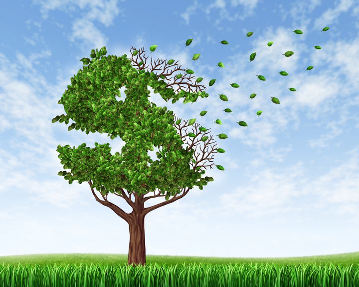 Losing your savings and managing your debt and financial budget with a green tree in the shape of a dollar sign with leaves falling off as an icon of wealth loss and downgrade.