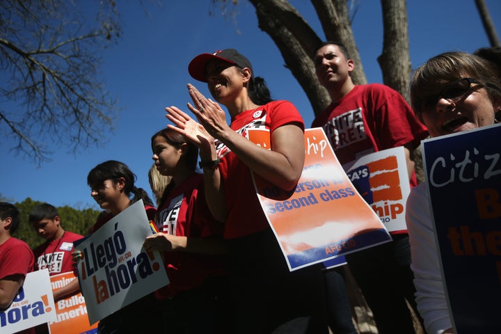 PHOENIX, AZ - MARCH 11: Arizona union supporters gather in support of national immigration reform outside the Arizona State Capitol building on March 11, 2013 in Phoenix, Arizona. The rally, organized by the AFL-CIO, was the last of a national tour in support of immigration reform which protects workers' rights. Photo by John Moore/Getty Images) (Photo by John Moore/Getty Images)