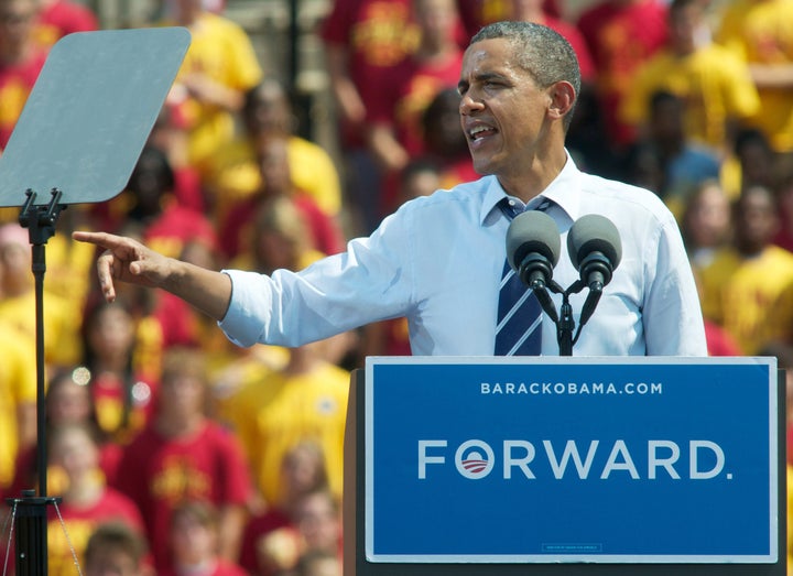 AMES, IA - AUGUST 28: U.S. President Barrack Obama speaks during a campaign event at Iowa State University on August 28, 2012 in Ames, Iowa. Iowa State was the first stop on a three campus college tour where Obama was addressing mainly students about education finance and healthcare. (Photo by David Greedy/Getty Images)