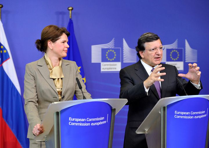 European Commission Chairman Jose Manuel Barroso (R) and Slovenian Prime Minister Alenka Bratusek (L) give a press conference on April 9, 2013 after their working session at EU headquarters in Brussels. Bratusek, 43, Slovenia's first female prime minister and former finance ministry official in charge of the country's budget, took over the government last month amid fears the eurozone country could follow Cyprus in seeking international aid. AFP PHOTO / GEORGES GOBET (Photo credit should read GEORGES GOBET/AFP/Getty Images)