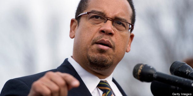 UNITED STATES - DECEMBER 20: Rep. Keith Ellison, D-Minn., speaks at a news conference at the House Triangle with faith leaders to urge Congress to protect programs such as Social Security, Medicaid, and Medicare and call on lawmakers make sure 'everyone pays their fair share.' (Photo By Tom Williams/CQ Roll Call)