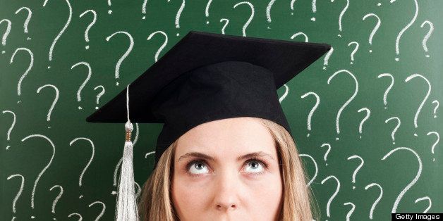 young woman student wearing cap in front of question marks written blackboard and thinking about her future