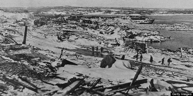 HALIFAX, CANADA - DECEMBER 14: Port of Halifax in ruins after French ship Mont Blanc, loaded with ammunition & explosives, collided with the Norwegian ship Imo ultimately resulting in a titanic exposion on Dec. 6, 1917; the blast leveled a square mile of