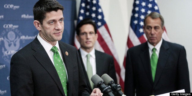 WASHINGTON, DC - MARCH 19: Rep. Paul Ryan (R-WI) (L) speaks about his new budget plan as House Republican leaders address the