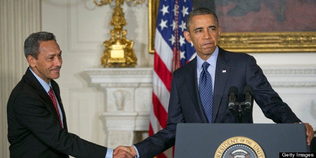 Representative Mel Watt, a Democrat from North Carolina and U.S. President Barack Obama's nominee as director of the Federal Housing Finance Agency (FHFA), left, shakes hands with Obama during the announcement in the State Dining Room of the White House in Washington, D.C., U.S. on Wednesday, May 1, 2013. Obama nominated Watt to be director of the Federal Housing Finance Agency after months of political pressure from consumer advocates to find a new overseer for Fannie Mae and Freddie Mac. Photographer: Andrew Harrer/Bloomberg via Getty Images 