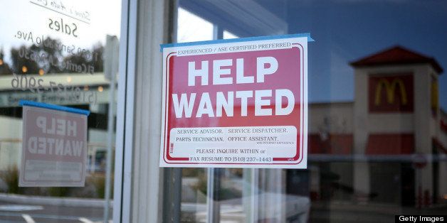 EL CERRITO, CA - MARCH 08: A 'Help Wanted' sign is posted in the window of an automotive service shop on March 8, 2013 in El Cerrito, California. The Labor Department reported today that 236,000 jobs were added in February, bringing the national unemployment rate down to 7.7 percent, the lowest level since December 2008. (Photo by Justin Sullivan/Getty Images)