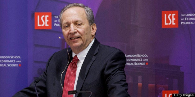 Lawrence H. 'Larry' Summers, former U.S. Treasury secretary, speaks during a financial and economic event at the London School of Economics (LSE) in London, U.K., on Monday, March 25, 2013. The European Union's decision to recapitalize Cypriot banks by inflicting losses on depositors and senior bondholders is triggering investor concern about the knock-on effects for bank funding across the region. Photographer: Jason Alden/Bloomberg via Getty Images