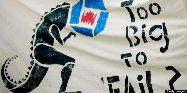 A 'Too big to fail' sign is held up by Occupy Wall Street movement demonstrators at Union Square in New York, U.S., on Tuesda