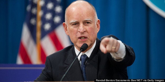 California Governor Edmund G. Brown Jr. explains his budget proposal during a news conference at the California State Capitol