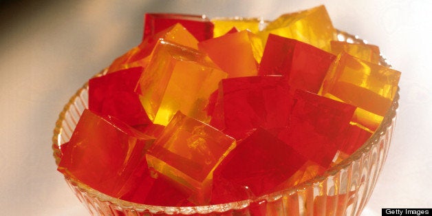 Gelatin cubes in glass bowl