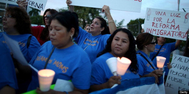 DORAL, FL - JUNE 13: Protesters join together in front of the office of Sen. Maro Rubio (R-FL) to keep pressure on him and the others working on immigration reform on June 13, 2013 in Doral, Florida. The group of protesters included DREAMer moms (mothers of undocumented immigrant youth). (Photo by Joe Raedle/Getty Images)