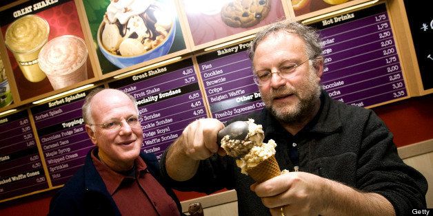American ice cream makers Ben Cohen (L) en Jerry Greenfield, founders of the brand, Ben & Jerry's give out ice creams for free in their shop in the centre of Amsterdam, The Netherlands on Monday February 22, 2010. AFP PHOTO/ANP/ADE JOHNSON ***netherlands out - belgium out*** (Photo credit should read ADE JOHNSON/AFP/Getty Images)