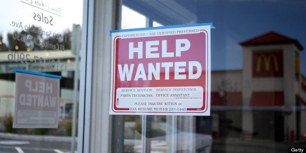 EL CERRITO, CA - MARCH 08: A 'Help Wanted' sign is posted in the window of an automotive service shop on March 8, 2013 in El Cerrito, California. The Labor Department reported today that 236,000 jobs were added in February, bringing the national unemployment rate down to 7.7 percent, the lowest level since December 2008. (Photo by Justin Sullivan/Getty Images)