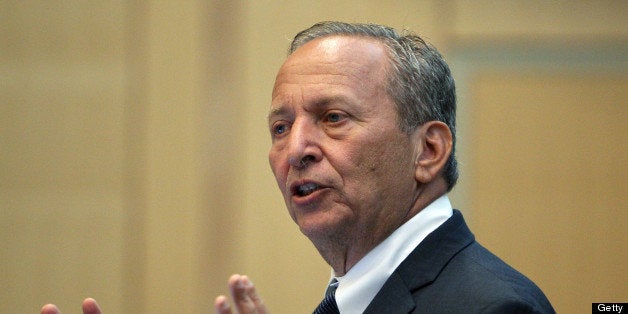 BOSTON - SEPTEMBER 12: Two well known Harvard economists, Lawrence 'Larry' Summers and Greg Mankiw, not pictured, took part in a forum held on the campus of Northeastern University, talking about their views on the recovery and tax policy. The event was moderated by former Massachusetts governor Michael S. Dukakis. (Photo by Jim Davis/The Boston Globe via Getty Images)