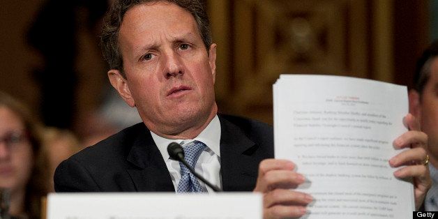 Timothy F. Geithner, U.S. treasury secretary, finishes his opening statement during a Senate Banking Committee hearing in Washington, D.C., U.S., on Thursday, July 26, 2012. Geithner said he was concerned when he heard about potential weaknesses in the London interbank offered rate in 2008 and reiterated that he moved quickly to alert U.S. and British regulators. Photographer: Andrew Harrer/Bloomberg via Getty Images 