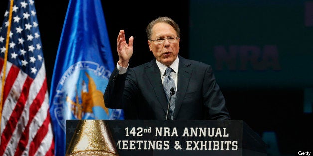 Wayne LaPierre, chief executive officer of the National Rifle Association (NRA), speaks during the 2013 NRA Annual Meetings & Exhibits at the George R. Brown Convention Center in Houston, Texas, U.S., on Saturday, May 4, 2013. After the U.S. Senate defeated a proposed expansion of background checks on gun purchases, the NRA's annual conference has a celebratory atmosphere. Yet as the festivities began, gun-control advocates swarmed town halls, organizing petitions and buying local ads to pressure senators from Alaska to New Hampshire to reconsider the measure that failed by six votes on April 17. Photographer: Aaron M. Sprecher/Bloomberg via Getty Images 