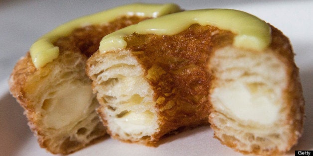NEW YORK, NY - JUNE 10: In this photo illustration, a croissant-doughnut hybrid, known as the 'cronut' is seen cut in half a