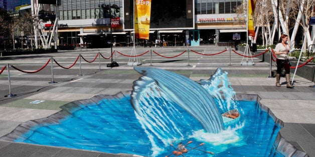 LOS ANGELES, CA - MARCH 12: Artist Tracy Lee Stum's recreation of an iconic scene from 'Life of Pi' in 3D chalk art is seen at L.A. LIVE on March 12, 2013 in Los Angeles, California. (Photo by Tibrina Hobson/WireImage)