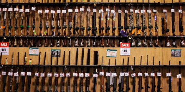 Guns sit on display at a Dick's Sporting Goods Inc. store in Paramus, New Jersey, U.S., on Tuesday, March 6, 2012. Dick's Sporting Goods, which had 480 stores open at the end of the fourth quarter, reported net sales of $1.61 billion during the quarter. Photographer: Victor J. Blue/Bloomberg via Getty Images