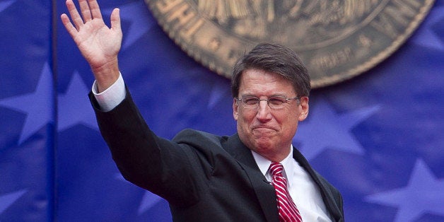 North Caorlina Gov. Pat McCrory waves to the crowd after taking the oath of office at the North Carolina State Capitol in Raleigh, North Carolina, Saturday, January 12, 2013. (Robert Willett/Raleigh News & Observer/MCT via Getty Images)