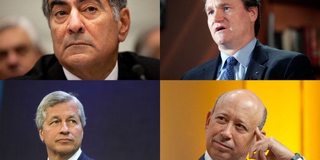 A combination photograph showing, clockwise from upper left, John J. Mack, chairman of Morgan Stanley, Brian T. Moynihan, president and chief executive officer of Bank of America Corporation, James 'Jamie' Dimon, chairman, president and chief executive officer of JPMorgan Chase & Co, and Lloyd C. Blankfein, chairman and chief executive officer of the Goldman Sachs Group Inc. created on Tuesday, Jan. 12, 2010. Mack, Moynihan,Dimon and Blankfein will headline the inaugural hearing of a congressional panel investigating Wall Street's financial crisis in Washington D.C. on Wednesday, January 13, 2010. Photographers: Brendan Smialowski, Jim R. Bounds, Ramin Talaie, Hannelore Foerster/Bloomberg via Getty Images