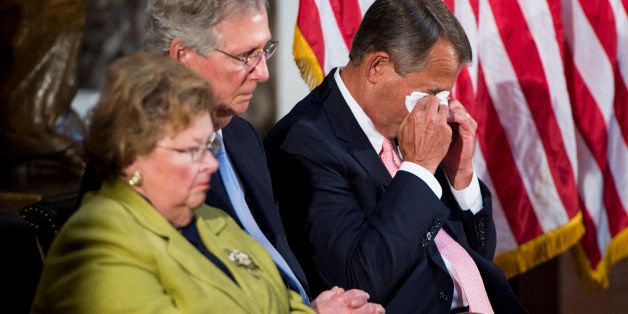 UNITED STATES - SEPTEMBER 10: Speaker of the House John Boehner, R-Ohio, right, wipes away his tears during the ceremony on Tuesday, Sept. 10, 2013, in the Capitol to honor and posthumously present the Congressional Gold Medal to Addie Mae Collins, Denise McNair, Carole Robertson, and Cynthia Wesley, victims of the 1963 Birmingham bombing, in recognition of how their sacrifice served as a catalyst for the Civil Rights Movement. From left are Sen. Barabara Mikulski, D-Md., and Senate Minority leader Mitch McConnell, R-Ky. (Photo By Bill Clark/CQ Roll Call)