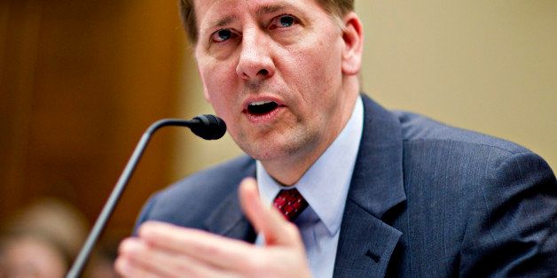 Richard Cordray, director of the U.S. Consumer Financial Protection Bureau (CFPB), testifies during a House Oversight and Government Reform subcommittee hearing in Washington, D.C., U.S., on Tuesday, Jan. 24, 2012. Obama?s recess appointments of Cordray and three other officials angered many Republicans who said the president had unlawfully bypassed the nominations process. Photographer: Andrew Harrer/Bloomberg via Getty Images 