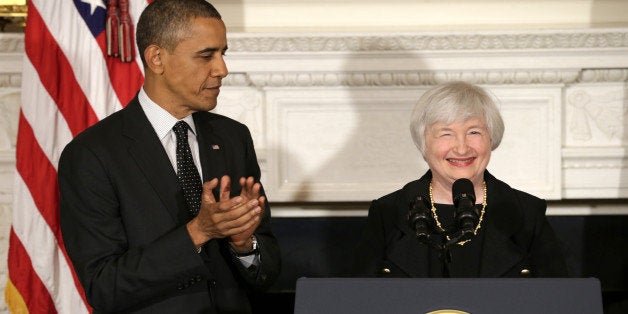 WASHINGTON, DC - OCTOBER 09: U.S. President Barack Obama claps for Janet Yellen during a press conference to nominate her to head of the Federal Reserve in the State Dining Room at the White House on October 9, 2013 in Washington, DC. If confirmed Yellen would be the first woman to lead the worlds most powerful central bank, replacing Ben Bernanke. Yellen was appointed vice chair in October 2010. She was president and CEO of the Federal Reserve Bank of San Francisco from 2004 to 2010 and also served as chair of the Council of Economic Advisors from 1997 to 1999. (Photo by Chip Somodevilla/Getty Images)