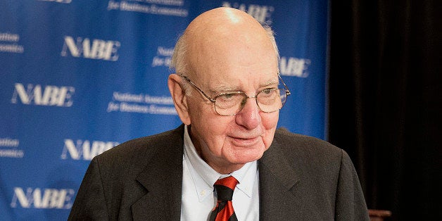 Paul Volcker, former chairman of the Federal Reserve, arrives to speak at the National Association of Business Economics (NABE) 2013 Economic Policy Conference in Washington, D.C., U.S., on Monday, March 4, 2013. Volcker said U.S. central bank officials may find it difficult to rein in their historic stimulus at the appropriate time because ?there is a lot of liquor out there now.? Photographer: Joshua Roberts/Bloomberg via Getty Images