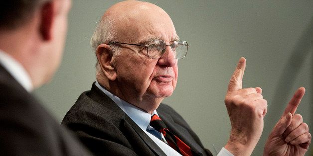 Paul Volcker, former chairman of the Federal Reserve, speaks at the National Association of Business Economics (NABE) 2013 Economic Policy Conference in Washington, D.C., U.S., on Monday, March 4, 2013. Volcker said U.S. central bank officials may find it difficult to rein in their historic stimulus at the appropriate time because ?there is a lot of liquor out there now.? Photographer: Joshua Roberts/Bloomberg via Getty Images 