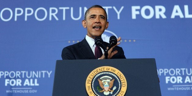 US President Barack Obama speaks at Buck Lodge Middle School in Adelphi, Maryland, on February 4, 2014, detailing progress toward his ConnectED goal of connecting 99 percent of students to next-generation broadband and wireless technology within five years. AFP PHOTO/Jewel Samad (Photo credit should read JEWEL SAMAD/AFP/Getty Images)