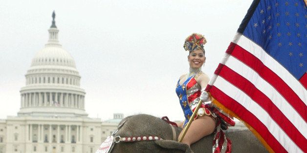 402502 01: A performer from the Ringling Brothers and Barnum & Bailey Circus rides on an elephant passing by Capitol Hill March 18, 2002 in Washington, DC. The circus will perform at the MCI Center from March 21 to March 24, 2002 in Washington. (Photo by Alex Wong/Getty Images)