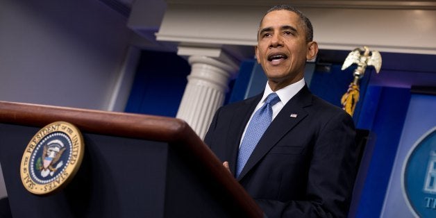 US President Barack Obama makes a statement about the situation in Ukraine in the White House briefing room in Washington on March 17, 2014. The United States and Europe aimed sanctions directly at Vladmir Putin's inner circle Monday to punish Russia's move to annex Crimea, deepening the worst East-West rift since the Cold War. AFP PHOTO/Nicholas KAMM (Photo credit should read NICHOLAS KAMM/AFP/Getty Images)