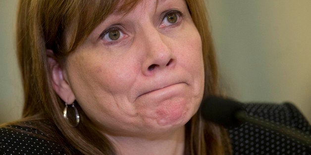 Mary Barra, chief executive officer of General Motors Co. (GM), pauses while speaking during a Senate Consumer Protection, Product Safety, and Insurance subcommittee hearing in Washington, D.C., U.S., on Wednesday, April 2, 2014. Barra pushed yesterday to separate herself from an old GM that weighed the costs of improved safety, insisting she's the face of a new GM that puts customers first. Photographer: Andrew Harrer/Bloomberg via Getty Images 