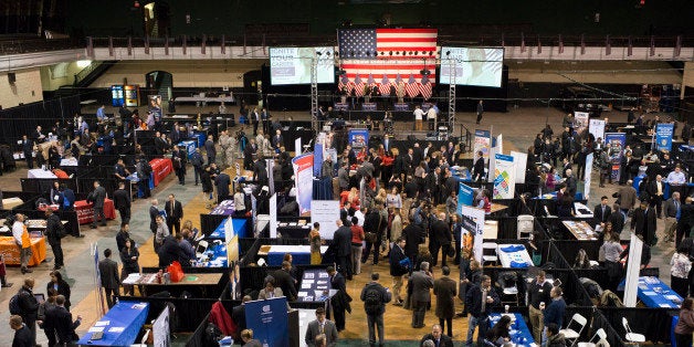 NEW YORK, NY - MARCH 27: The scene at the U.S. Chamber of Commerce Foundation's Hiring Our Heroes job fair held at the Lexington Ave Armory of the New York National Guard in New York , NY on March 27, 2013. The job fair had 450 jobseekers attending with 127 employers/service agencies recruiting. The program, in partnership with corporations, holds job fairs and employment workshops around the country, targeting veterans and their spouses. (Photo by Michel du Cille/The Washington Post via Getty Images)