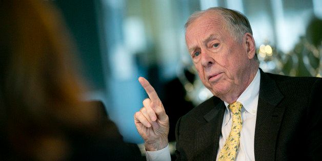 T. Boone Pickens, founder and chief executive officer of BP Capital LLC, speaks during an interview in Washington, D.C., U.S., on Wednesday, April 3, 2013. Billionaire investor T. Boone Pickens said the U.S. is on a path to energy independence, without the federal help he wanted Congress to provide. Photographer: Andrew Harrer/Bloomberg via Getty Images 