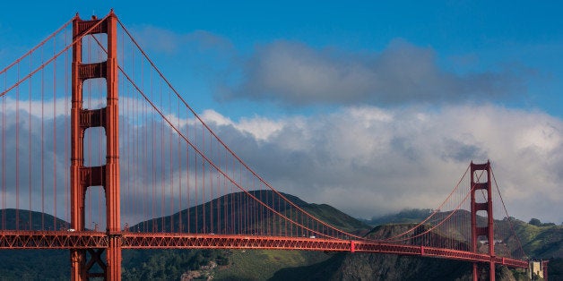 SAN FRANCISCO, CA - APRIL 2: The Golden Gate Bridge at Golden Gate National Park is viewed from a nearby hiking trail on Apr