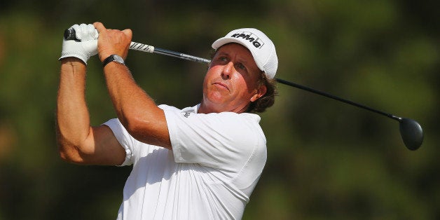 PINEHURST, NC - JUNE 10: Phil Mickelson of the United States hits a tee shot during a practice round prior to the start of t