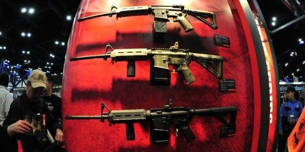 Various models of Bushmaster rifles are seen at the 142nd annual National Rifle Association(NRA) Convention at the George R. Brown Convention Center May 4, 2013 in Houston, Texas. AFP PHOTO / Karen BLEIER (Photo credit should read KAREN BLEIER/AFP/Getty Images)