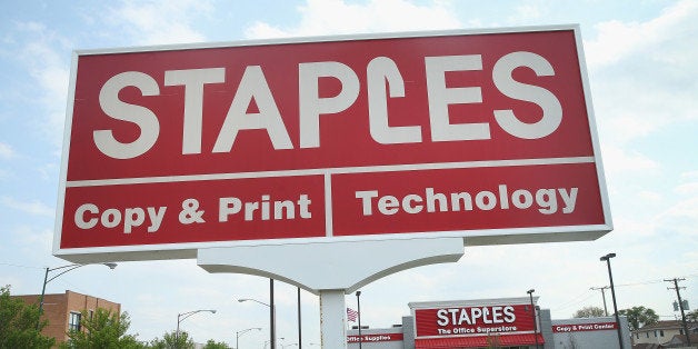 ELMWOOD PARK, IL - MAY 20: A sign hangs outside a Staples store which is scheduled to close next month on May 20, 2014 in Elmwood Park, Illinois. Shares of Staples' stock plunged more than 10% today after the company reported a 43.5 percent drop in first quarter profit, far short of expectations. (Photo by Scott Olson/Getty Images)