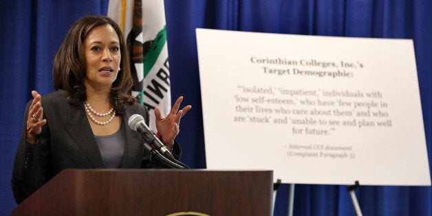 SAN FRANCISCO, CA - OCTOBER 10: California Attorney General Kamala Harris speaks during a news conference on October 10, 2013 in San Francisco, California. Harris announced the filing of a lawsuit against the for-profit Corinthian Colleges and its subsidiaries for alleged false advertising, securities fraud, intentional misrepresentations to students and the unlawful use of military insignias in advertisements. Santa Ana, California-based Corinthian Colleges operates 111 total campuses in North America with 24 Heald, Everest and WyoTech colleges in California that have an estimated 27,000 students. (Photo by Justin Sullivan/Getty Images)