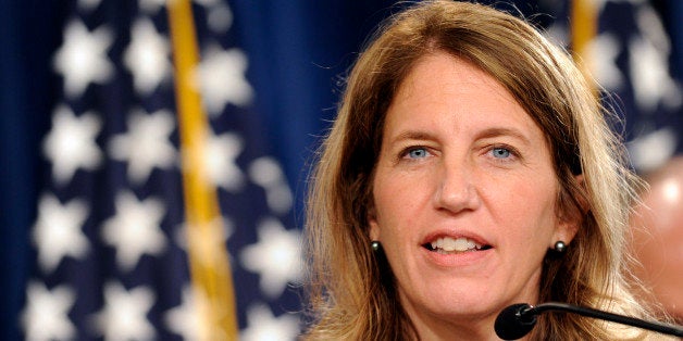 Health and Human Services Secretary Sylvia Burwell speaks at a news conference at the Treasury Department in Washington, Monday, July 28, 2014, to discuss the release of the annual Trustees Reports. (AP Photo/Susan Walsh)