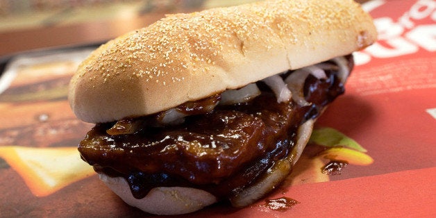 SAN FRANCISCO, CA - NOVEMBER 03: A McRib is seen at a McDonald's restaurant on November 3, 2010 in San Francisco, California. The sandwich arrived on the menu for the first time since 1994 and is offered at all McDonald's nationwide for a limited time until December 5, 2010. The McRib was first introduced in 1981. (Photo by David Paul Morris/Getty Images)