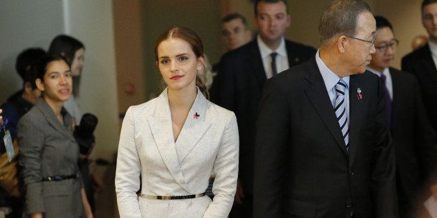 NEW YORK, NY - SEPTEMBER 20: UN Women Goodwill Ambassador Emma Watson (C-Left ) walks next to United Nations Secretary General Ban Ki-moon, while they attend the HeForShe campaign launch at the United Nations on September 20, 2014 in New York, New York. (Photo by Eduardo Munoz Alvarez/Getty Images)