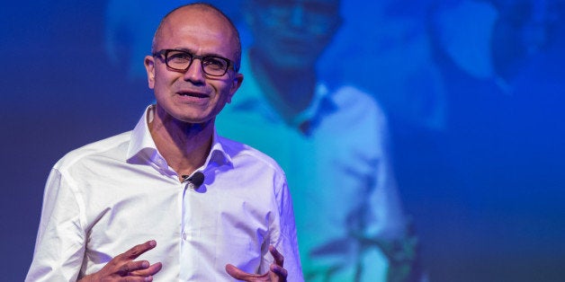 Satya Nadella, chief executive officer of Microsoft Corp., speaks to students during the Microsoft Talent India conference in New Delhi, India, on Tuesday, Sept. 30, 2014. Microsoft will build data centers in India to tap demand for cloud-based computing as it plans to offer its Azure and Office 365 services in the worlds second-most populous nation. Photographer: Graham Crouch/Bloomberg via Getty Images 