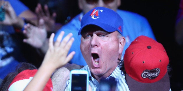 LOS ANGELES, CA - AUGUST 18: New owner of the Los Angeles Clippers Steve Ballmer reacts to the fans after being introduced f